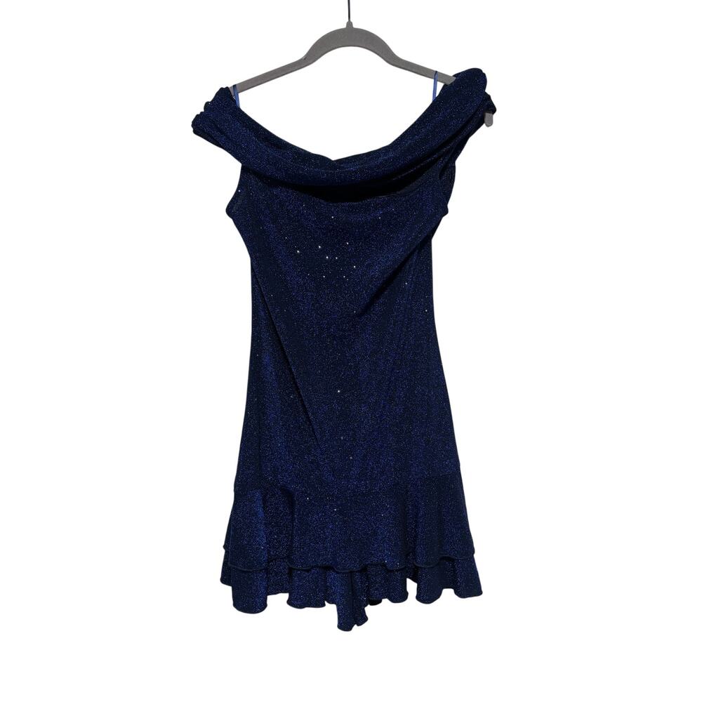 CHICME Women's Navy Blue Glitter Off Shoulder Ruffle Mini Dress Size L - Picture 2 of 7
